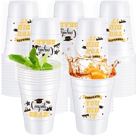 Qinyoung 36 Pcs 2025 Graduation Plastic Cups 16 oz Congrats Grad Stadium Cups Bulk Disposable Graduation Party Supplies Hot Cold Drinkware for Class of 2025 Party Decor(White)