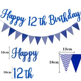 Elicola 12th Birthday Party Blue Decorations Boys Happy 12th Birthday Bunting Banner With 8pcs Number 12 Hanging Swirls for Boys 12 Years Old Birthday Anniversary Party Decor Supplies