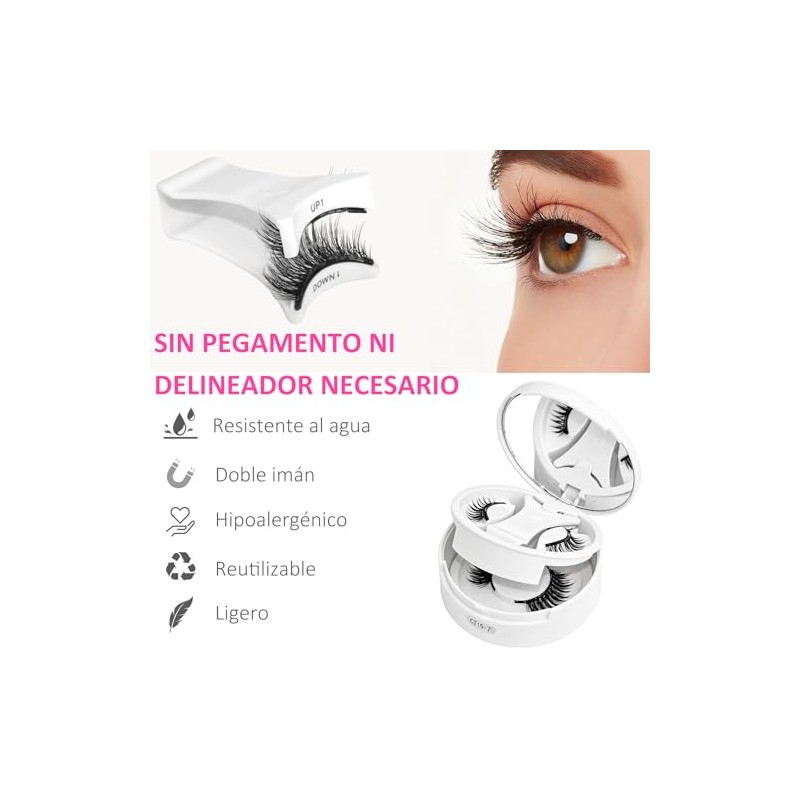 Pestañas Magnéticas Reutilizables 2 Pares, Kit con Aplicador, Sin Pegamento,