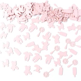 Baby Shower Confetti, Pink Table Scatter, Pram, Bottle, Teddy, Rattle, Babygrow, Pearlescent Card Decorations