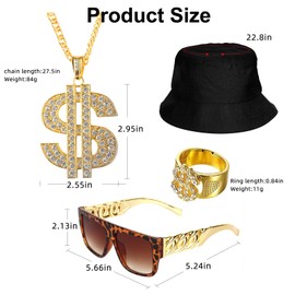 DOKLY 4 PCS Dollar Sign Pendant Necklace Ring Set,Metal Chain Necklace Sunglasses Fisherman's Hat,80s/90s Hip Hop Costume Kit Hip Hop Rapper Costume Jewelry Punk Style for Men Women