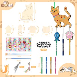 Collazoey Pack of 12 Wind Chimes Craft Set Children, Cat Wooden Wind Chime Craft Craft with Hanging Wind Chimes, DIY Wind Chimes for Painting, for Girls Boys Outdoor Decoration