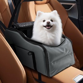 Center Console Dog Car Seat - Suitable for Small Dogs and Puppies Up to 12 lbs,Portable Armrest Booster with Safety Belt, Easy-Clean Technical Cloth,Safety Leash,Storage Bag,Multi-Function Pet Carrier