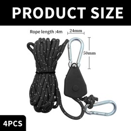 SDKZBFC 4mm Reflective Tent Guy Ropes with Pulley - 4PCS Heavy Duty Adjustable Guide Ropes with Aluminum Lock for Camping, Hiking & Backpacking Tents Black