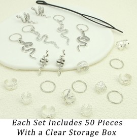 50PCS Hair Jewelry Hair Cuffs for Braids Silver Snake Loc Charms Accessories Adjustable Hair Rings Pendant Extended Spiral Cuffs Metal Braids Jewelry Hair Decoration