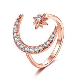 Moon Crescent Star Ring for Women Teen Girls Adjustable Moon Sun CZ Statement Ring Dainty Crystal Crescent Finger Ring (Rose Gold)