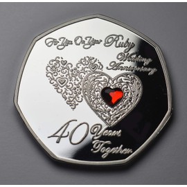 The Commemorative Coin Company 40th RUBY WEDDING ANNIVERSARY Silver Commemorative with Ruby Gemstone. Gift/Present. 40 Years Together. Husband/Wife/Parents