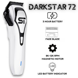 Supreme Trimmer Darkstar 72 Clipper w/DLC Blades | 180 Min Run Time, 9000 RPM Hair Clipper | Low Noise Magnetic Vector Motor, Professional Barber Clipper | STC72 White