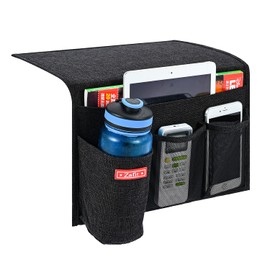 Zafit Linen 4 Pockets Bedside Caddy, Bedside Storage Organizer with Water Bottle Holder for Magazine, Remotes, Phone (Black)