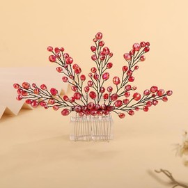 Rumtock Vintage Red Crystal Beads Black Hair Comb for Women Girls Wedding Bridal Hair Accessories Jewelry Branch Hair Jewelry (Red)