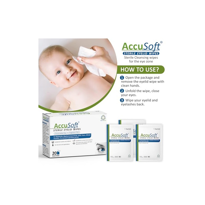 AccuSoft Sterile Eyelid Wipes for Blepharitis, Blepharoconjunctivitis, MGD, Styes, Allergies,