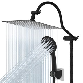 Hibbent All Metal High Pressure Rainfall 10 Inch Shower Head/Handheld Showerhead Combo/ 12 Inch Adjustable Curved Shower Extension Arm, 7-Spray, 71-inch Hose, Adhesive Showerhead Holder, Matte Black | Hibbent
