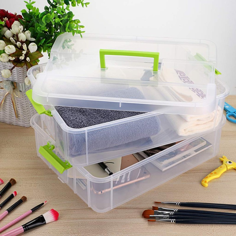 JUXYES 2-Tiers Stack Carry Storage Box With Handle, Transparent Stackable