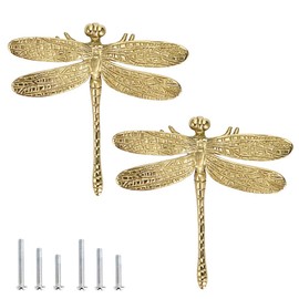 BSTKEY 2 Packs Brass Drawer Handles Cupboard Wardrobe Dresser Handle - Dragonfly Design Furniture Knob with Screw