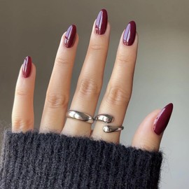 MISUD Press on Nails - Medium Almond Fake Nails with Burgundy, Acrylic Wine Red Design 24 pcs