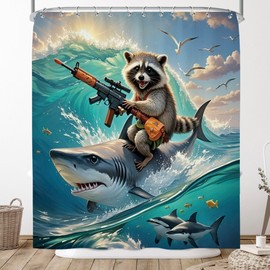 Pakena Funny Shower Curtain, Raccoon Riding Shark Cartoon Animal Boys Kids Shower Curtains Set Ocean Wave Teen Children Cool Bath Curtain Nautical Summer Fun Bathroom Decor 60x72 Inch