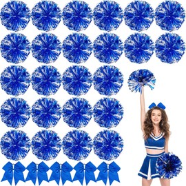 Simgoing 72 Pcs 12" Cheerleading Pom Poms and Large Cheerleader Hair Bows Set Metallic Cheer Pompoms Cheerleading Accessories Cheer Stuff for Soccer Football Sport Events Team (Blue and Silver)