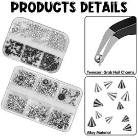 2 Boxes 3D Metal Punk Nail Charms Mixed Sizes Cone Spikes Rivet Punk Jewelry Manicure Charms Steel Balls with Tweezers Accessories DIY Crafts Decorations