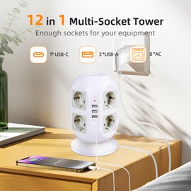 8-Way Multiple Socket with 3 USB + 1 Type C, Power Strip, Multiple Plug with 2 m Socket Cube, Socket Tower Distribution Socket for Home