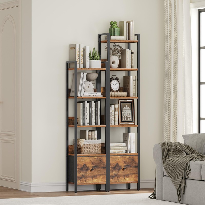 MAHANCRIS Bookshelf, 5-Tier Bookcase with Drawer, Small Book Shelf for