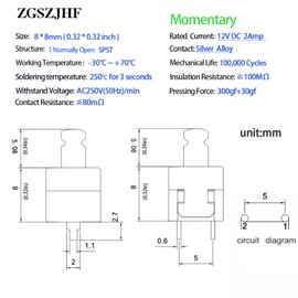 2Amp Mini Momentary Push Button Switch Brake Switch 8 * 8mm 0.32in 12VDC Handle 5.08mm/0.2in SPST 2Pin On Off Self-Reset Power Button 25Pcs for Motorcycle Electric Scooter