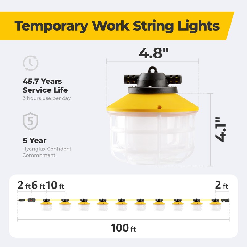 100FT Construction String Lights: 3 Prong 150W Ultra-bright 21000 lumens