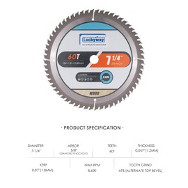Luckyway 7-1/4 Inch Circular Saw Blade 60T Fine Finish with 5/8 Inch Arbor TCT (Tungsten Carbide Tipped) Saw Blade for Cutting Wood 3-Pack