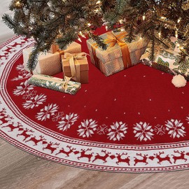 Dremisland Christmas Tree Skirt Rustic Christmas Tree Mat with Snowflake Reindeer Red Knitted Xmas Tree Skirts Thick Knitted Xmas Holiday Decoration New Year Home Party Decorations (Red, 48inch/122cm)