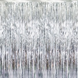 GOER 3.2 ft x 9.8 ft Metallic Tinsel Foil Fringe Curtains for Party Photo Backdrop Wedding Decor (Silver,5 pack)