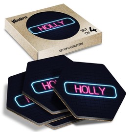 4 x Hexagon Coasters - Neon Sign Design Holly Name Cork Backed MDF Glossy Tea Coffee Accessory #353035