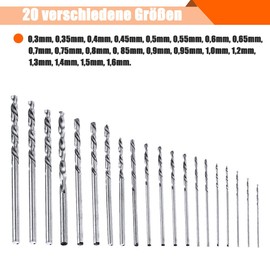 HaoTrade 20 Stück 0,3–1,6 mm Mini Handbohr Bit Set, Spiralbohrer Bits Set, Mini Bohrmaschine Pin Vise Handbohr, Präzision Pin Vise Mikro Handbohr für Metall Holz Schmuck Modellbau DIY-Bohrungen