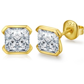 Square Cut Earrings for Women Men 5MM Princess Cut Earrings Gold Plated Sterling Silver Cubic Zirconia Fake Diamond Stud Earrings for Men Hypoallergenic Half Bezel Solitaire Studs Jiahanzb