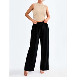 MASCOMODA Womens 2 Piece Outfits 2024 Summer Crewneck Sleeveless Cropped Tank Tops Wide Leg Long Pants Tracksuits Lounge Sets(Black Apricot,Small)