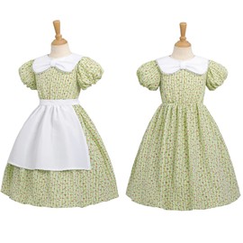 CR ROLECOS Kids Prairie Pioneer Dresses for Girls Child Plaid Flower Colonial Pilgrim Costumes Dress 3 Pieces Green XXL