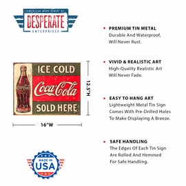 Desperate Enterprises Coca-Cola c. 1916 Ice Cold Tin Sign - Nostalgic Vintage Metal Wall Décor - Made in USA