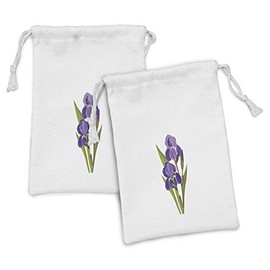 Lunarable Iris Flower Fabric Pouch Set of 2, Simplistic Illustration of Burgeoning Flowers with Olive Green Leaves, Small Drawstring Bag for Toiletries Masks and Favors, 9" x 6", White Blue Violet
