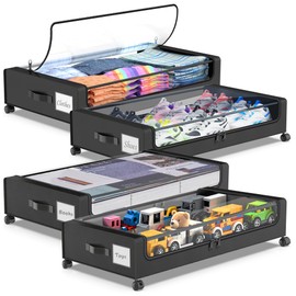 Yeenhoopy Under Bed Storage with Wheels, 4 Pack Under bed Storage Containers with Clear Lids & Zippers, Under Bed Shoe Storage Organizer, Rolling Underbed Storage for Clothes, Shoes, Blankets (Black)