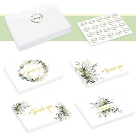 100 Gold Foil Greenery Thank You Cards with Envelopes & Stickers, Bulk Watercolor Eucalyptus Thank You Blank Notes for Engagement, Wedding, Baby Shower, Graduation, Bridal, Business, Anniversary