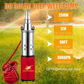 JENENSERIES 12V Deep Well Submersible Pump solar DC 250W Electric Powered Water Pump kits with 1" Outlet Screw Pump max.98ft Lift,396GPH Flow, for Irrigation Agricultural Garden Home