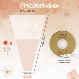 Flower Rose Sleeve,50PCS Clear Floral Bouquet Packaging Bags with 1 Roll Just for You White Ribbon Plastic Pink with LOVE Printed Flower Bags for Wedding Anniversary Valentine's Day Mother's Day