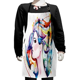 Ambesonne Art Apron, Grunge Inspired Young Woman with Rainbow Colored Hair Abstract Watercolor Art, Small Apron Bib with Adjustable Ties for Baking Painting, Small Size, Multicolor