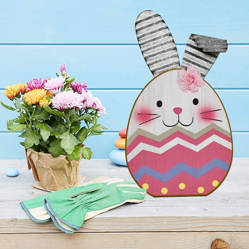 K KILIPES Easter Wood Bunny Sign Table Top Colorful Egg