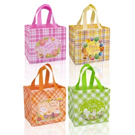 Jaywayang 4Pack Easter Non-woven Bags with Handle, Happy Easter Gift Bags for Kids, Reusable Easter Goodie Bags with 20 pcs Tattoo, Rabbit Bunny Treat Bags, Egg Hunt Game, Easter Party Supplies.