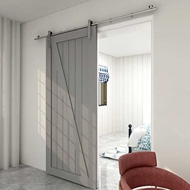 CCJH 5.5FT Stainless Steel Sliding Door Hardware Kit Heavy Duty and Smoothly Wooden Barn Door Kit fit for 33" Wide Single Door, Basic Style