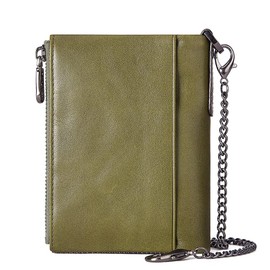 HUMERPAUL Men's Wallet with Chain, Leather Wallet for Men with RFID Protection, Genuine Leather Wallet with Double Zip and Anti-Theft Chain, BP986-green, Modern