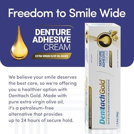 DENTTACH Adhesivo para dentaduras postizas Denttach Gold, crema adhesiva premium a base de aceite de oliva sin petróleo para dentaduras postizas compl
