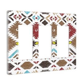 café Rojo Abstracto Retro Tribal Navajo Azteca Etnico Colorido Boho Moderno Geométrico 3 Pandillas Triple Rocker/GFCI, Placa frontal eléctrica Azteca Suroeste Decoración de habitación Sin Tornillos