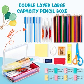 GAMENOTE Plastic Pencil Case Box with Lid Snap Closure, Large Capacity School Supplies Storage Organizer Box for Kids (Double-Layer Transparent, 6 Pack)