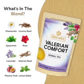 BREWIX, Valerian Comfort Tea Bags for Sleep (25 Pyramid Tea Bags) Caffeine-Free Perfect for Bedtime | Valerian Root, Chamomile & Lavender | Perfect Wellness Sleep Tea | For Health & Wellbeing