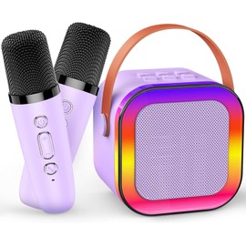 Mini Karaoke Machine for Kids Adults, Birthday Easter Gifts Toys for Girls Boys Friends Age 3-12+, Portable Bluetooth Speaker with 2 Wireless Mics and LED Light for Family Home Party (Purple)